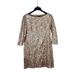Ralph Lauren 8 Gold sequins Holiday Dress Shift dress 3/4 sleeve